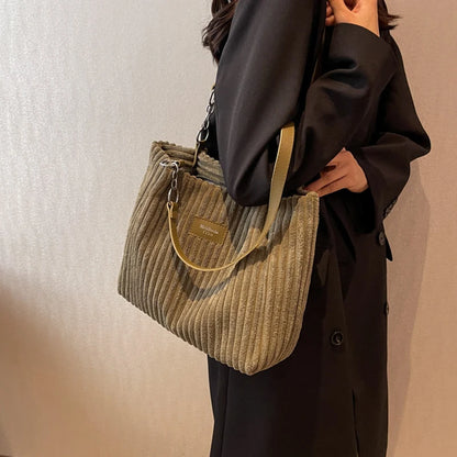 Corduroy Shoulder Handbag – Women's Soft Cotton Shopping Bag With Zipper Closure - ZOOMNSTORE