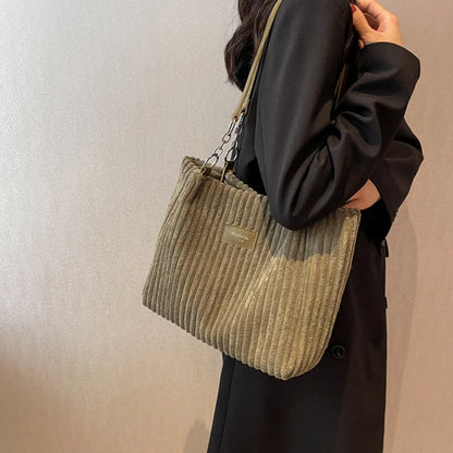 Corduroy Shoulder Handbag – Women's Soft Cotton Shopping Bag With Zipper Closure - ZOOMNSTORE