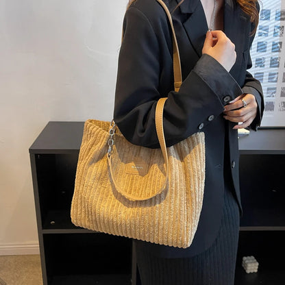 Corduroy Shoulder Handbag – Women's Soft Cotton Shopping Bag With Zipper Closure - ZOOMNSTORE