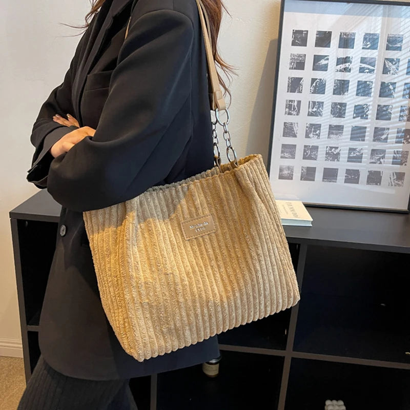 Corduroy Shoulder Handbag – Women's Soft Cotton Shopping Bag With Zipper Closure - ZOOMNSTORE