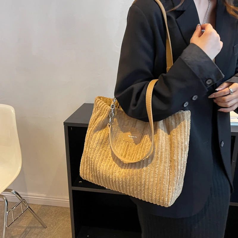 Corduroy Shoulder Handbag – Women's Soft Cotton Shopping Bag With Zipper Closure - ZOOMNSTORE