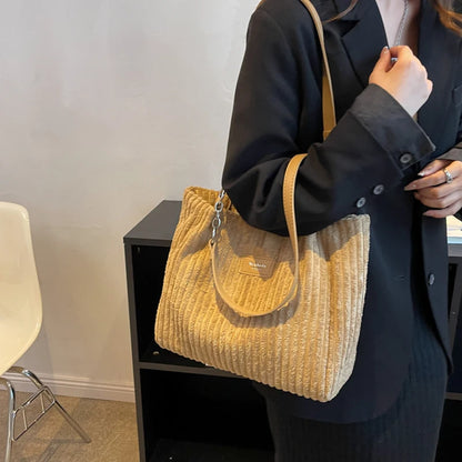 Corduroy Shoulder Handbag – Women's Soft Cotton Shopping Bag With Zipper Closure - ZOOMNSTORE