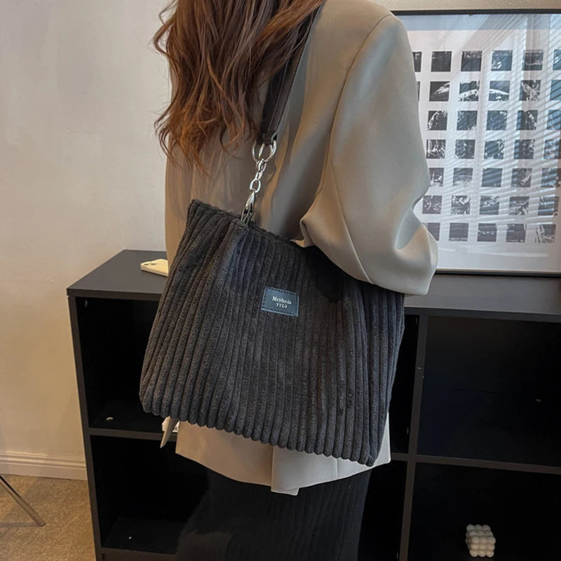 Corduroy Shoulder Handbag – Women's Soft Cotton Shopping Bag With Zipper Closure - ZOOMNSTORE