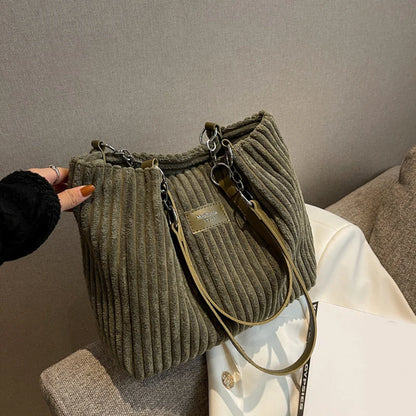 Corduroy Shoulder Handbag – Women's Soft Cotton Shopping Bag With Zipper Closure - ZOOMNSTORE