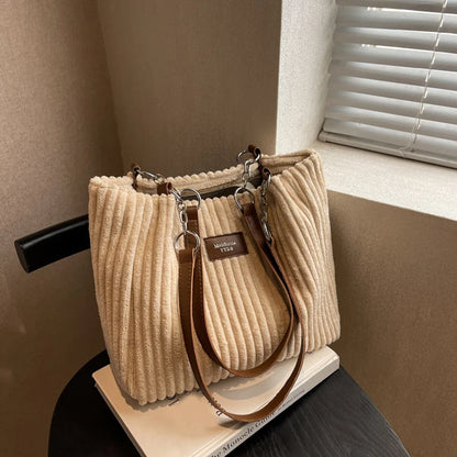 Corduroy Shoulder Handbag – Women's Soft Cotton Shopping Bag With Zipper Closure - ZOOMNSTORE