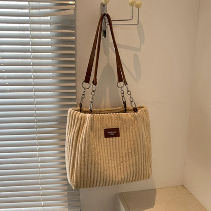 Corduroy Shoulder Handbag – Women's Soft Cotton Shopping Bag With Zipper Closure - ZOOMNSTORE