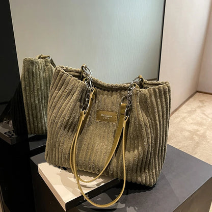 Corduroy Shoulder Handbag – Women's Soft Cotton Shopping Bag With Zipper Closure - ZOOMNSTORE