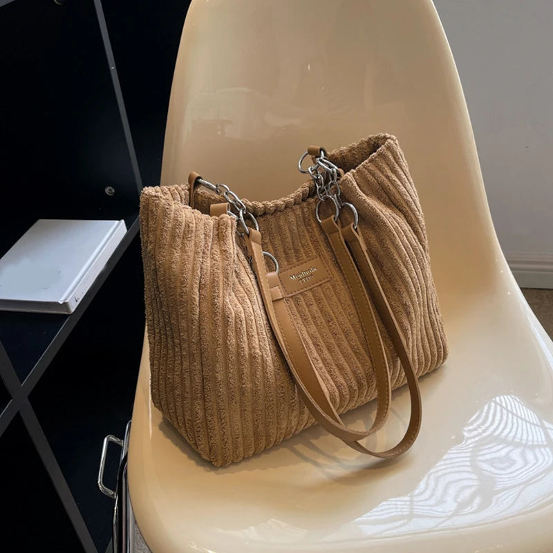 Corduroy Shoulder Handbag – Women's Soft Cotton Shopping Bag With Zipper Closure - ZOOMNSTORE