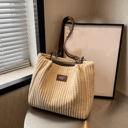 Corduroy Shoulder Handbag – Women's Soft Cotton Shopping Bag With Zipper Closure - ZOOMNSTORE