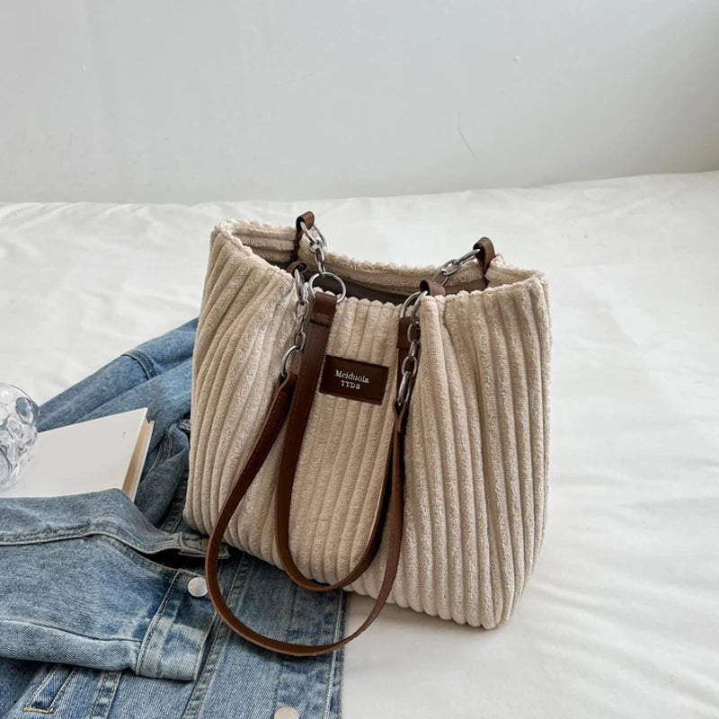Corduroy Shoulder Handbag – Women's Soft Cotton Shopping Bag With Zipper Closure - ZOOMNSTORE