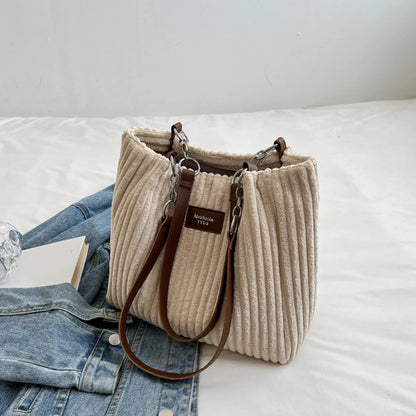 Corduroy Shoulder Handbag – Women's Soft Cotton Shopping Bag With Zipper Closure - ZOOMNSTORE
