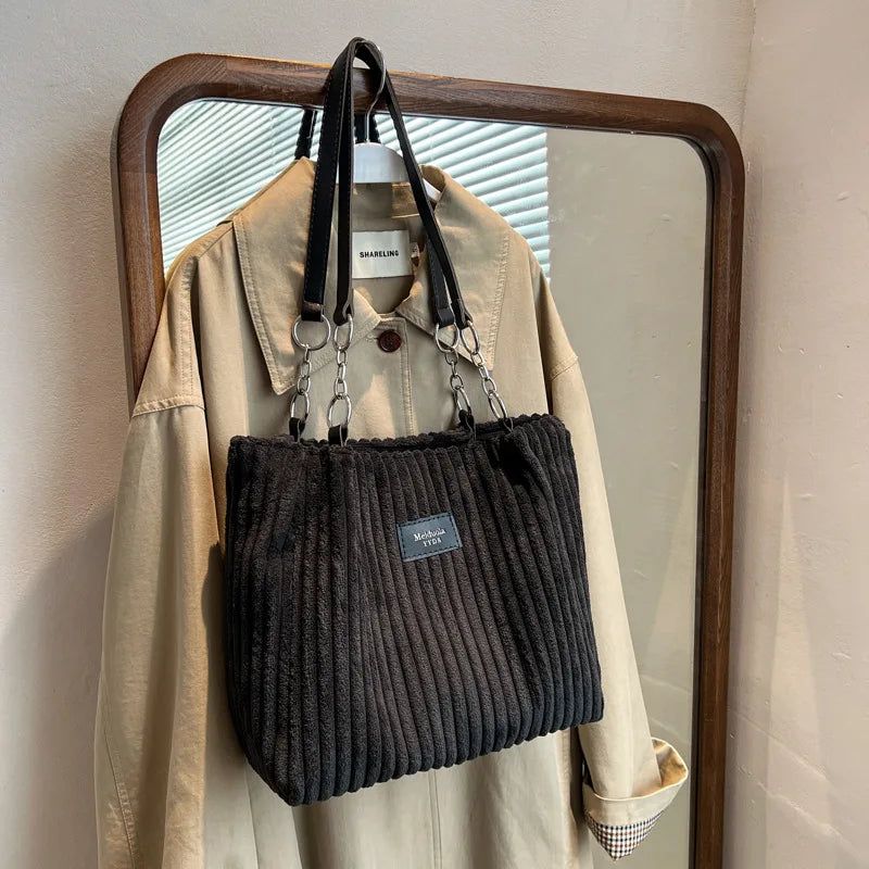Corduroy Shoulder Handbag – Women's Soft Cotton Shopping Bag With Zipper Closure - ZOOMNSTORE