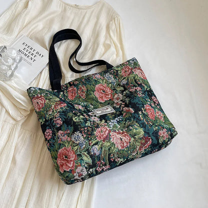 Corduroy Tote Bag – Bohemian Shoulder Bag With Zipper Closure For Daily Commuting - ZOOMNSTORE