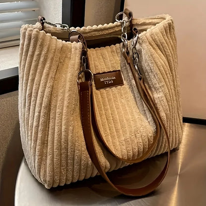 Corduroy Tote Bag - Large Capacity Shoulder Handbag With Zip Closure & Polyester Lining - ZOOMNSTORE