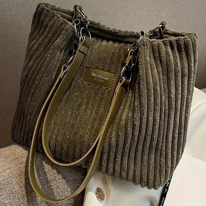 Corduroy Tote Bag - Large Capacity Shoulder Handbag With Zip Closure & Polyester Lining - ZOOMNSTORE