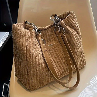 Corduroy Tote Bag - Large Capacity Shoulder Handbag With Zip Closure & Polyester Lining - ZOOMNSTORE