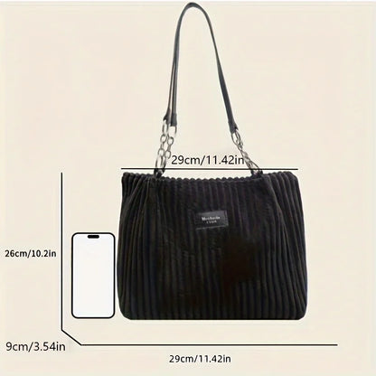 Corduroy Tote Bag - Large Capacity Shoulder Handbag With Zip Closure & Polyester Lining - ZOOMNSTORE