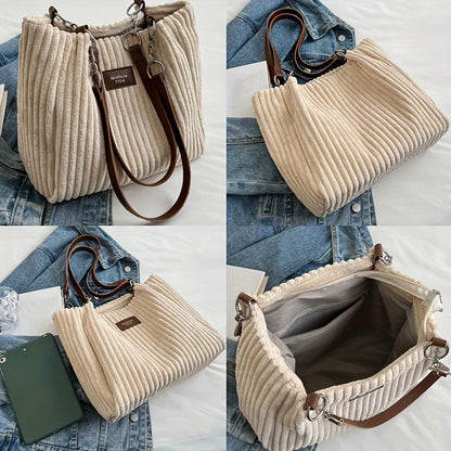 Corduroy Tote Bag - Large Capacity Shoulder Handbag With Zip Closure & Polyester Lining - ZOOMNSTORE