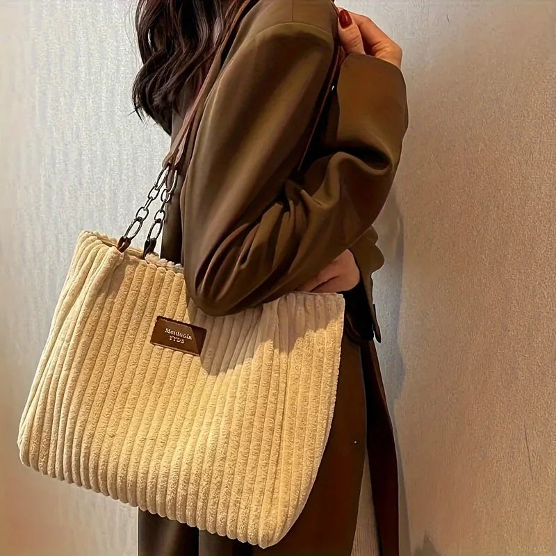 Corduroy Tote Bag - Large Capacity Shoulder Handbag With Zip Closure & Polyester Lining - ZOOMNSTORE
