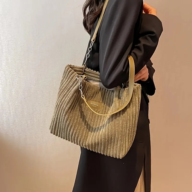 Corduroy Tote Bag - Large Capacity Shoulder Handbag With Zip Closure & Polyester Lining - ZOOMNSTORE