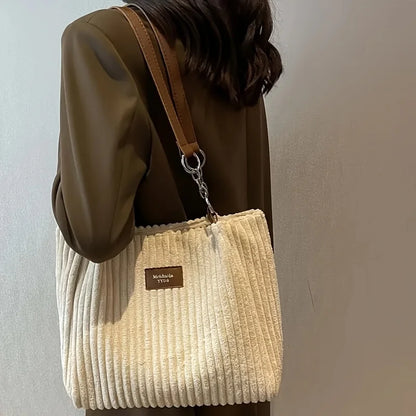 Corduroy Tote Bag - Large Capacity Shoulder Handbag With Zip Closure & Polyester Lining - ZOOMNSTORE