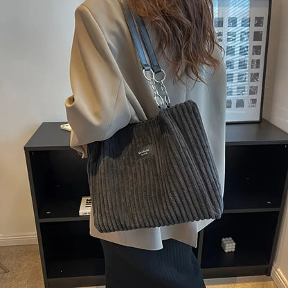 Corduroy Tote Bag - Large Capacity Shoulder Handbag With Zip Closure & Polyester Lining - ZOOMNSTORE