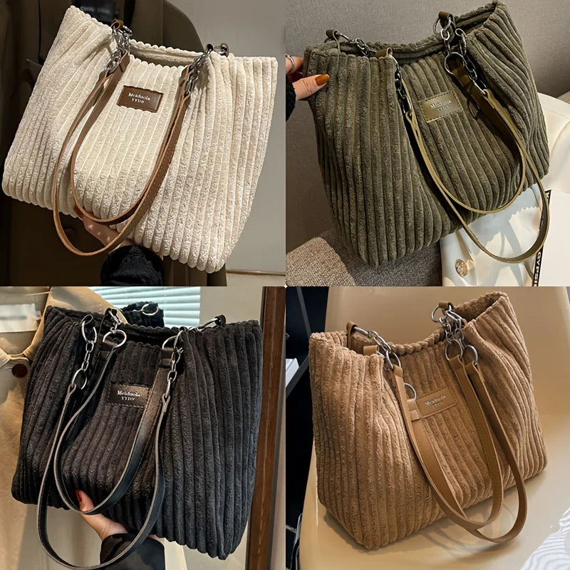 Corduroy Tote Bag - Large Capacity Shoulder Handbag With Zip Closure & Polyester Lining - ZOOMNSTORE