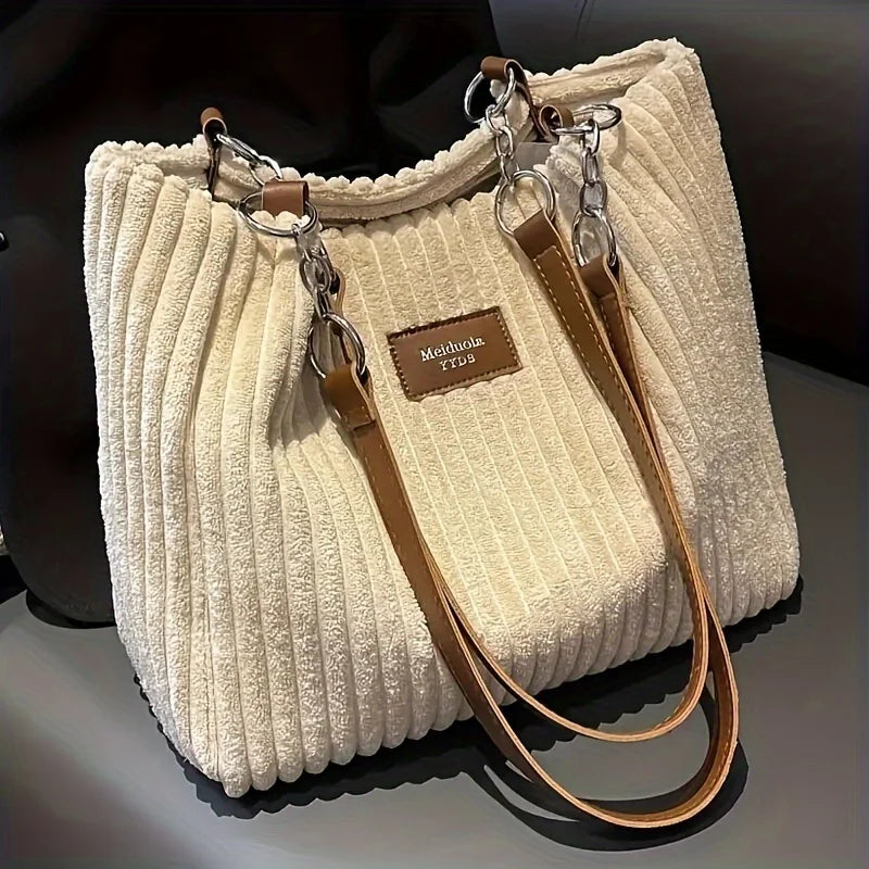 Corduroy Tote Bag - Large Capacity Shoulder Handbag With Zip Closure & Polyester Lining - ZOOMNSTORE