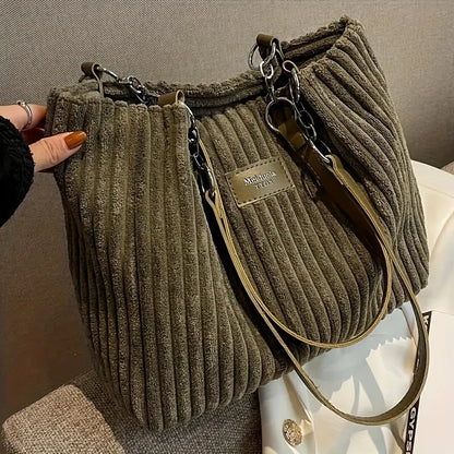 Corduroy Tote Bag - Large Capacity Shoulder Handbag With Zip Closure & Polyester Lining - ZOOMNSTORE