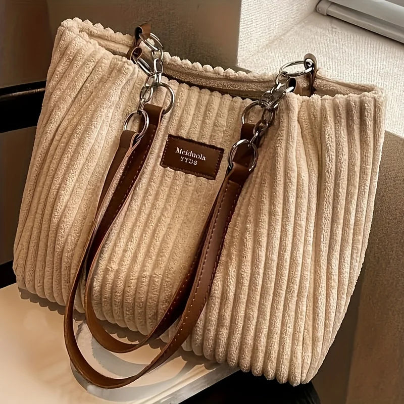 Corduroy Tote Bag - Large Capacity Shoulder Handbag With Zip Closure & Polyester Lining - ZOOMNSTORE