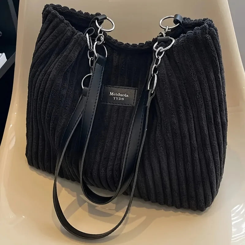 Corduroy Tote Bag - Large Capacity Shoulder Handbag With Zip Closure & Polyester Lining - ZOOMNSTORE