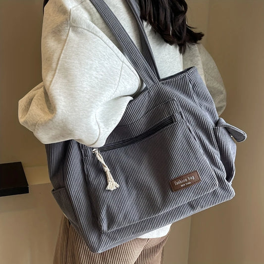 Corduroy Tote Bag – Versatile Casual Tote With Retro Multi Pockets & Zipper Closure - ZOOMNSTORE