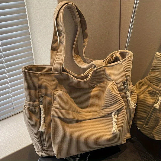 Corduroy Tote Bag – Women Shoulder Bags | Casual Chic Handbag with Multiple Pockets - ZOOMNSTORE