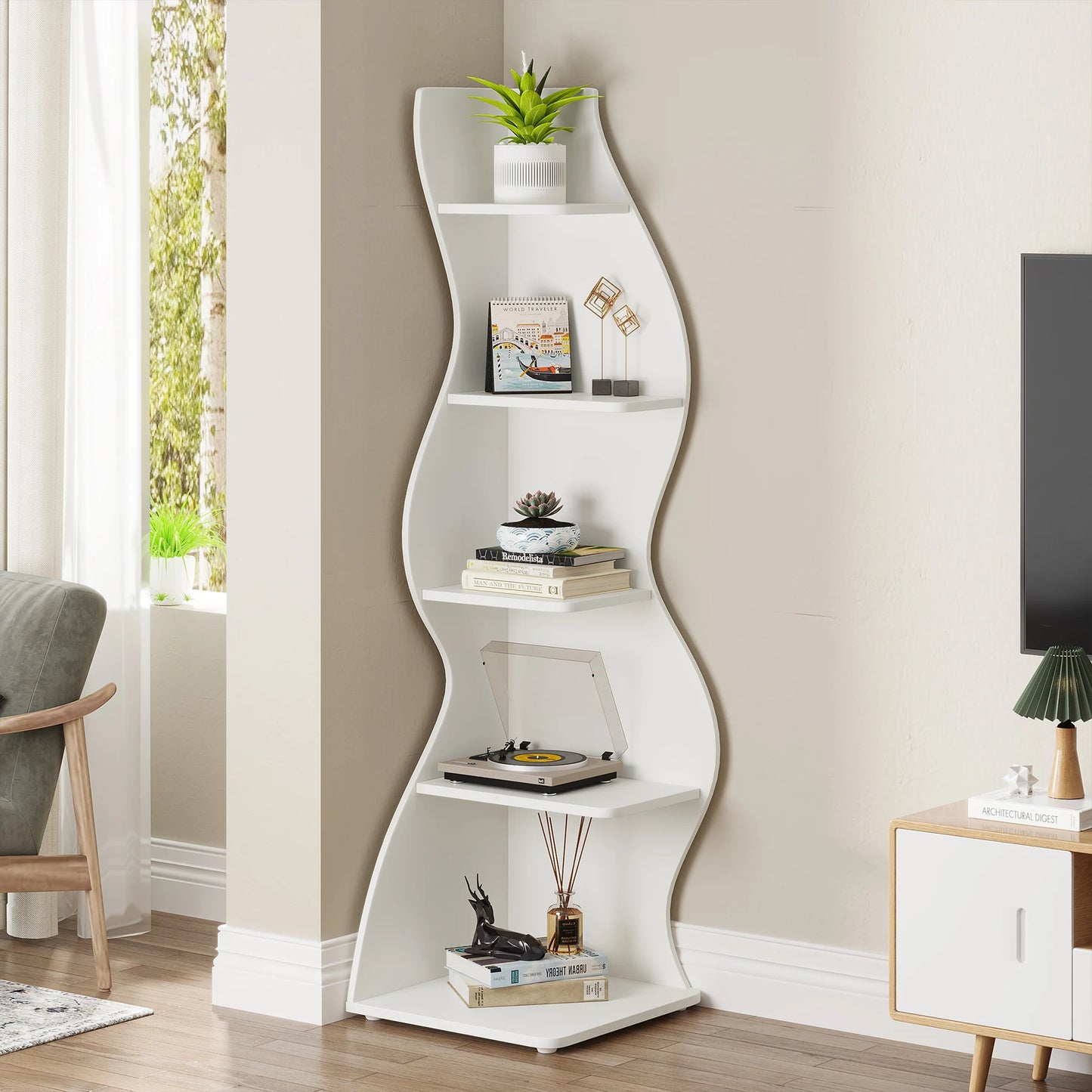 Corner Bookshelf - Modern 5-Tier Shelf | Stylish Wooden Storage Rack - ZOOMNSTORE