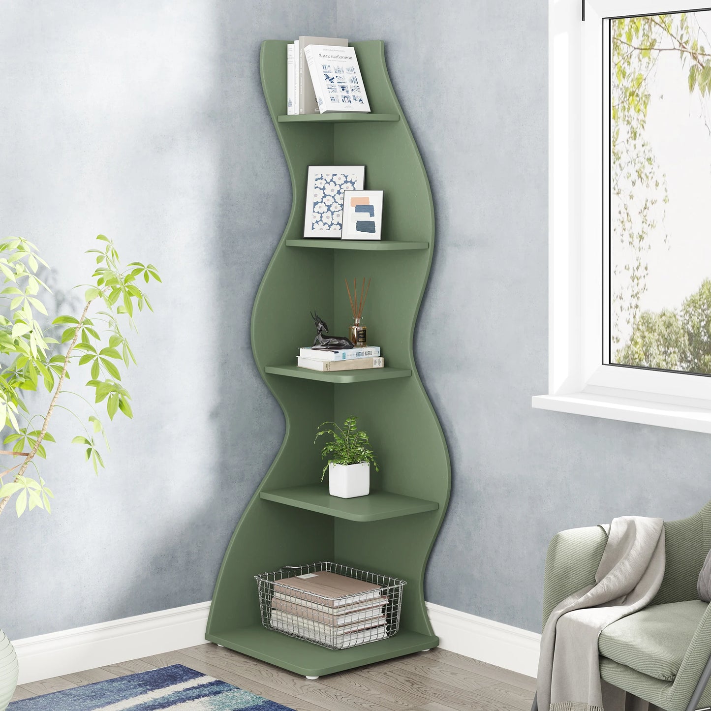 Corner Bookshelf - Modern 5-Tier Shelf | Stylish Wooden Storage Rack - ZOOMNSTORE