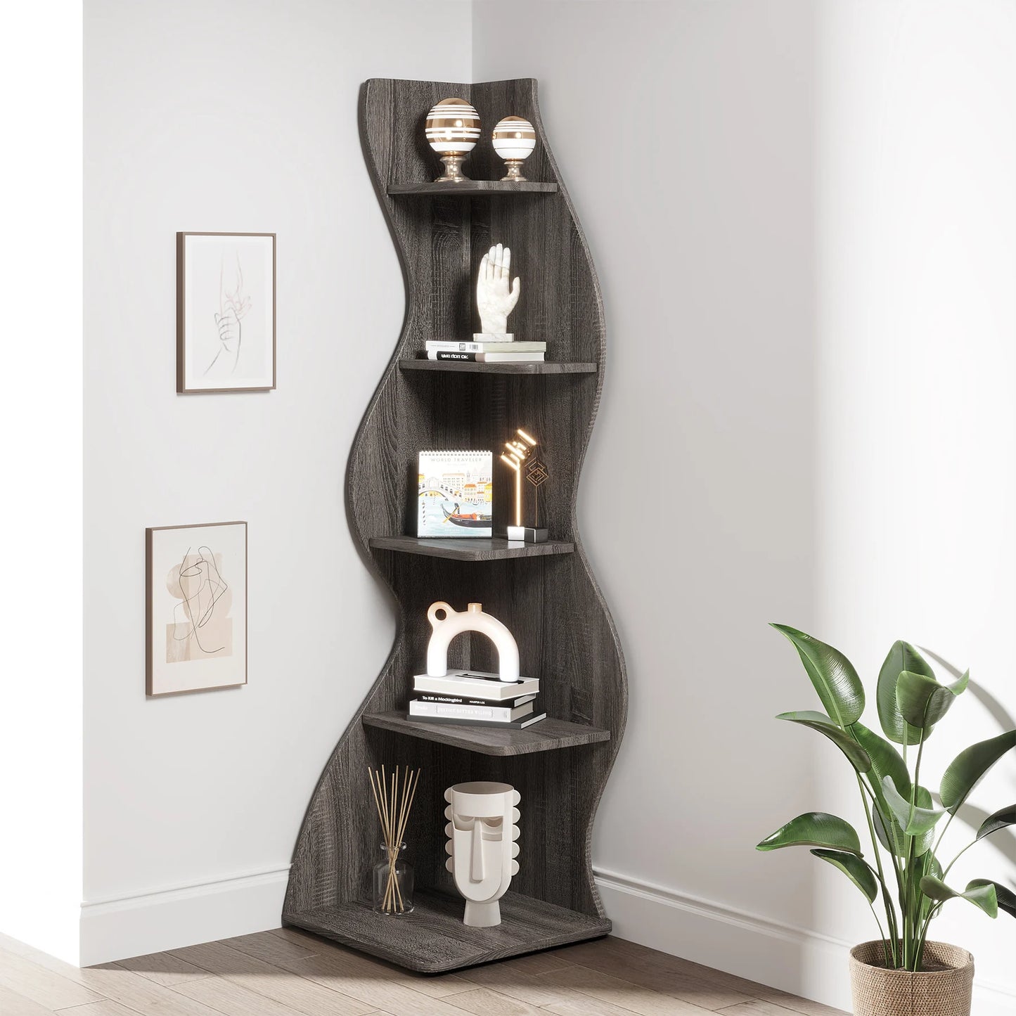 Corner Bookshelf - Modern 5-Tier Shelf | Stylish Wooden Storage Rack - ZOOMNSTORE