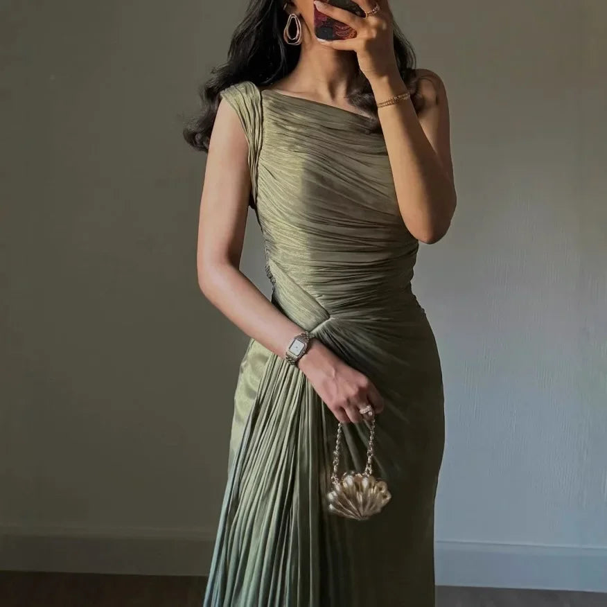 Corseted Pleated Evening Dress - Autumn Winter Dress with Ribbons and Sparkling Details for Women - ZOOMNSTORE