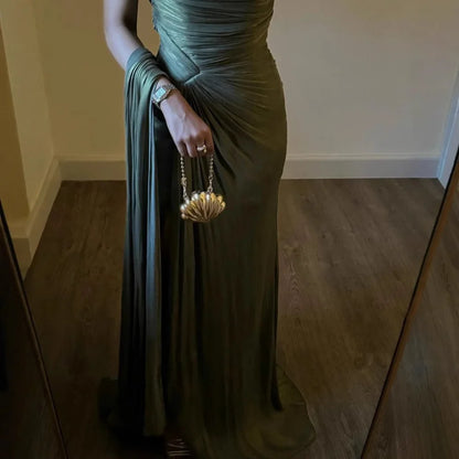 Corseted Pleated Evening Dress - Autumn Winter Dress with Ribbons and Sparkling Details for Women - ZOOMNSTORE