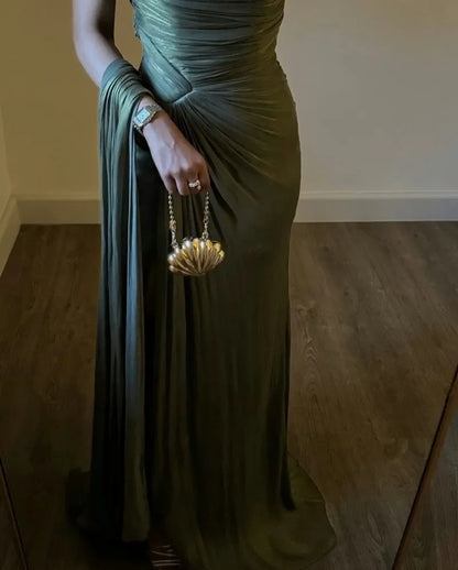 Corseted Pleated Evening Dress - Autumn Winter Dress with Ribbons and Sparkling Details for Women - ZOOMNSTORE