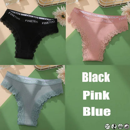 Lace Cotton Brazilian Panties Set - Womens Sexy G-String Thongs Plus Size M-2XL 3PCS - ZOOMNSTORE