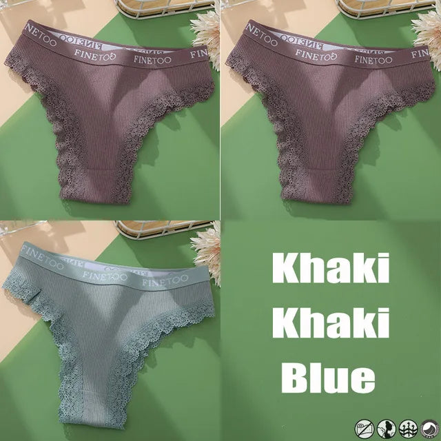 Lace Cotton Brazilian Panties Set - Womens Sexy G-String Thongs Plus Size M-2XL 3PCS - ZOOMNSTORE