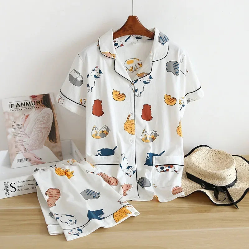 Cotton Cartoon Pajamas Set - Womens Short-Sleeved Sleepwear - ZOOMNSTORE