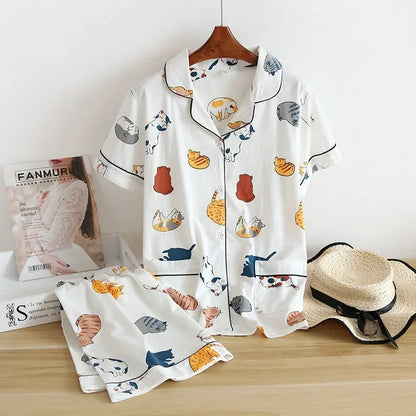 Cotton Cartoon Pajamas Set - Womens Short-Sleeved Sleepwear - ZOOMNSTORE