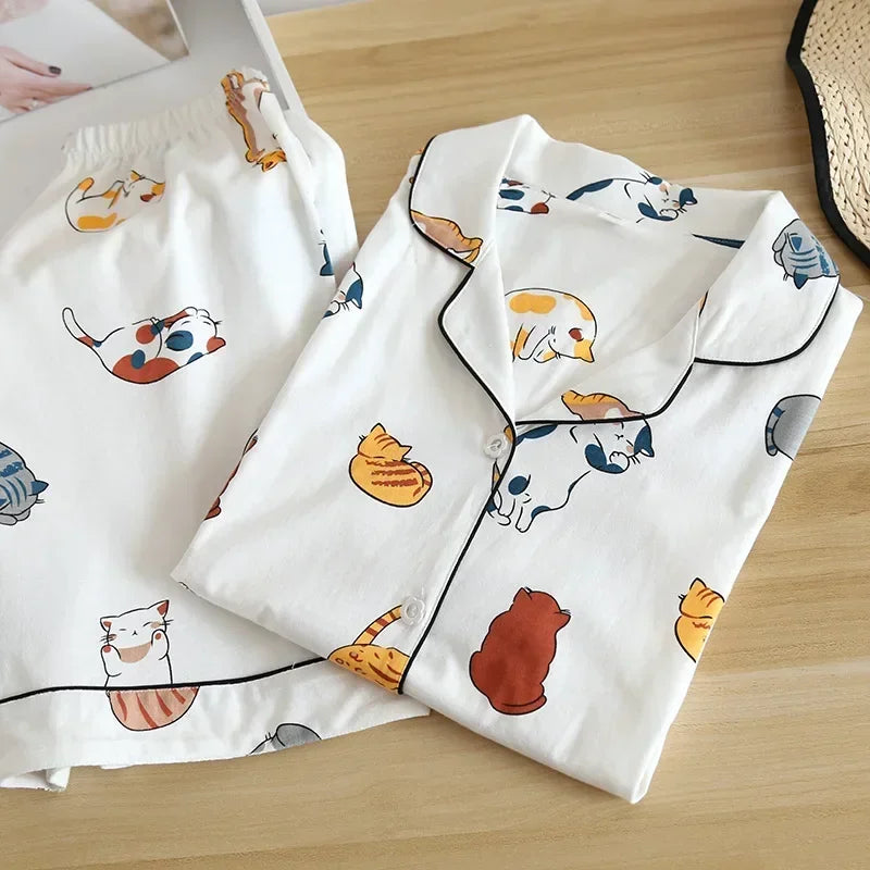 Cotton Cartoon Pajamas Set - Womens Short-Sleeved Sleepwear - ZOOMNSTORE