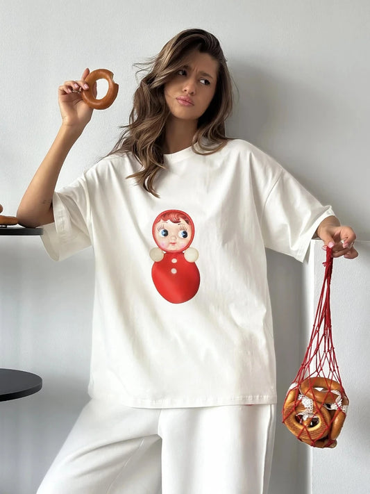 Cotton Cartoon T-Shirt - Womens Casual O-Neck Short Sleeve Top - ZOOMNSTORE