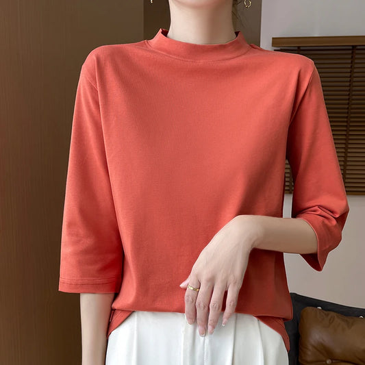 Cotton Cropped T-Shirt - Women's Semi-High Neck Loose Fit Three Quarter Sleeve Top - ZOOMNSTORE