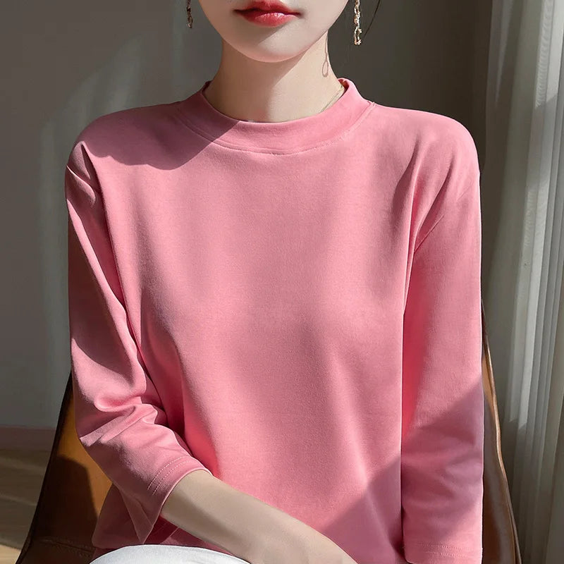 Cotton Cropped T-Shirt - Women's Semi-High Neck Loose Fit Three Quarter Sleeve Top - ZOOMNSTORE