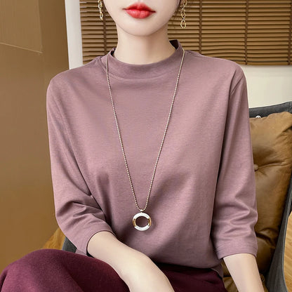 Cotton Cropped T-Shirt - Women's Semi-High Neck Loose Fit Three Quarter Sleeve Top - ZOOMNSTORE