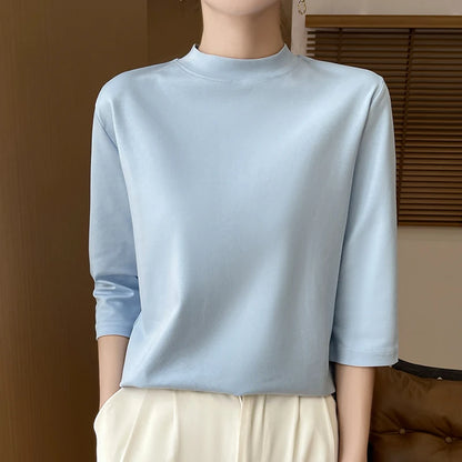 Cotton Cropped T-Shirt - Women's Semi-High Neck Loose Fit Three Quarter Sleeve Top - ZOOMNSTORE