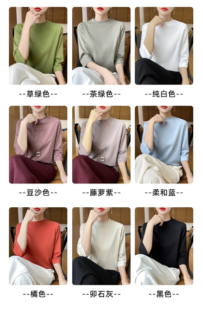 Cotton Cropped T-Shirt - Women's Semi-High Neck Loose Fit Three Quarter Sleeve Top - ZOOMNSTORE